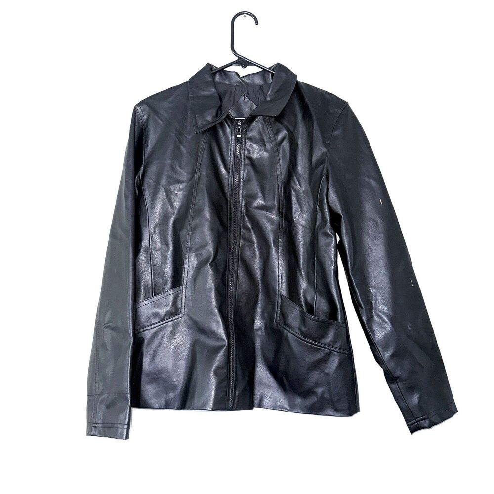 ME JANE Women's Faux Leather Jacket, Size L, Black, Zip Up, Pockets